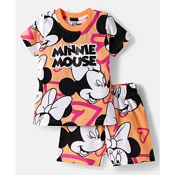 Babyhug Disney Single Jersey Knit Half Sleeves Co-ords Shorts Night Suit with Minnie Mouse Print - Orange