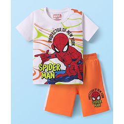 Babyhug Marvel Single Jersey Knit Half Sleeves T-Shirt & Shorts Set With Spider-Man Graphics - White & Orange