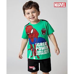 Babyhug Marvel Single Jersey Knit Half Sleeves T-Shirt & Shorts Set with Spider Man Graphics & Badge Detailing - Green & Black