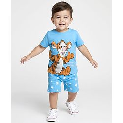 Babyhug Disney Single Jersey Knit Half Sleeves Shorts Night Suit With Winnie The Pooh Tiger Graphics - Light Blue