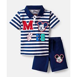 Babyhug Disney Single Jersey Knit Half Sleeve Polo T-Shirt & Shorts Set With Mickey Mouse And Family Graphics - Navy Blue
