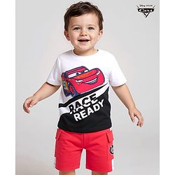 Babyhug Disney Single Jersey Knit Half Sleeves T-Shirt & Short Set With Car Graphics - White & Red