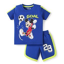 Babyhug Disney Single Jersey Knit Half Sleeves T-Shirt & Short Set With Front And Back Mickey Mouse Graphics - Blue