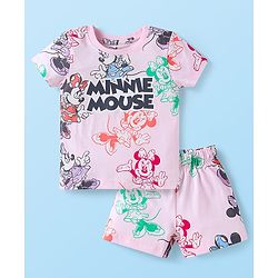 Babyhug Disney Single Jersey Knit Half Sleeves Co-ords Shorts Night Suit with Minnie Mouse Print - Pink