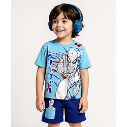 Babyhug Marvel Single Jersey Knit Half Sleeves T-Shirt & Shorts Set With Spider Man Graphics & Pocket Detailing - Blue