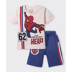 Babyhug Marvel Single Jersey Knit Half Sleeve T-Shirt & Shorts Set With Spider Man Graphics And Badge Detailing - Navy Blue & White