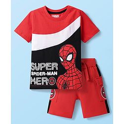 Babyhug Marvel Single Jersey Knit Half Sleeves Cut and Sew T-Shirt & Shorts Set With Spider-Man Graphics - Red & Black