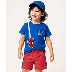 Babyhug Marvel Single Jersey Knit Half Sleeves T-Shirt & Shorts Set With Spider Man Graphics & Pocket Detailing - Blue & Red
