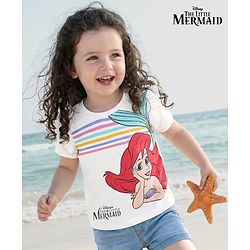 Babyhug Disney Single Jersey Knit Half Sleeves T-Shirt With Disney Princess-Ariel Graphics And Frill Detailing - White