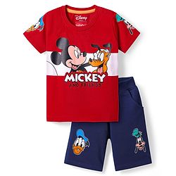 Babyhug Disney Single Jersey Knit Half Sleeve T-Shirt & Shorts Set With Mickey Mouse And Family Graphics - Red & Navy Blue