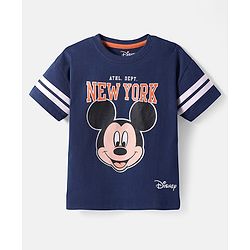 Babyhug Disney Single Jersey Knit Half Drop Shoulder Sleeves T-Shirt with Mickey Mouse Graphics - Navy Blue