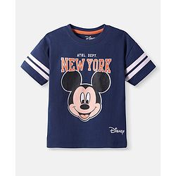 Babyhug Disney Single Jersey Knit Half Drop Shoulder Sleeves T-Shirt with Mickey Mouse Graphics - Navy Blue
