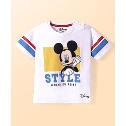 Babyhug Disney Single Jersey Knit Half Drop Shoulder Sleeves T-Shirt with Mickey Mouse Graphics & Foil Detailing - White