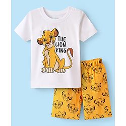 Babyhug Disney Single Jersey Knit Half Sleeves Shorts Night Suit with Lion King Graphics - White & Yellow
