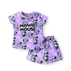 Babyhug Disney Single Jersey Knit Half Sleeves Co-ords Shorts Night Suit with Minnie Mouse Print - Purple