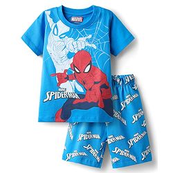 Babyhug Marvel Single Jersey Knit Half Sleeve Shorts Night Suit With Spider-Man Graphic - Blue
