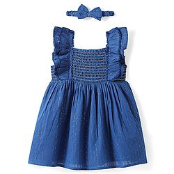 Babyhug Cotton Woven Frill Sleeves Dress With Rhinestones Detailing & Headband - Blue