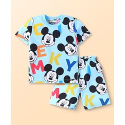 Babyhug Disney Single Jersey Knit Half Sleeves Co-ords Shorts Night Suit with Mickey Mouse Graphics - Light Blue