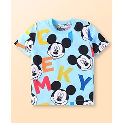 Babyhug Disney Single Jersey Knit Half Sleeves Co-ords Shorts Night Suit with Mickey Mouse Graphics - Light Blue