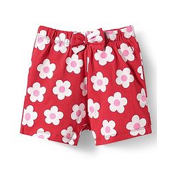 Babyhug Cotton Knit Half Sleeves Shorts Night Suit with Floral Print & Bow Applique - Red