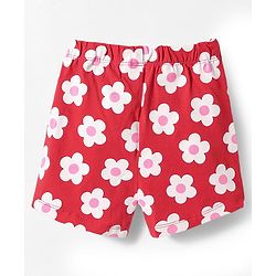 Babyhug Cotton Knit Half Sleeves Shorts Night Suit with Floral Print & Bow Applique - Red