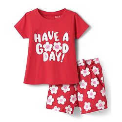 Babyhug Cotton Knit Half Sleeves Shorts Night Suit with Floral Print & Bow Applique - Red