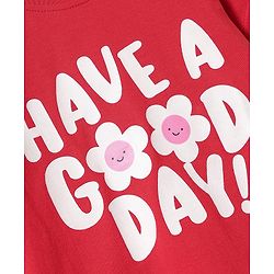 Babyhug Cotton Knit Half Sleeves Shorts Night Suit with Floral Print & Bow Applique - Red