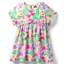 Babyhug Cotton Woven Half Sleeves Frock with Floral Print & Frill Detailing - White