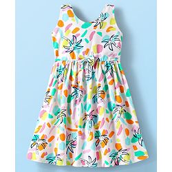 Babyhug Cotton Woven Sleeveless Frock With Tree Print & Bow Applique - White
