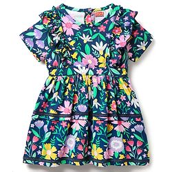 Babyhug Cotton Woven Half Sleeves Frock With Floral Print & Lace Detailing - Navy Blue