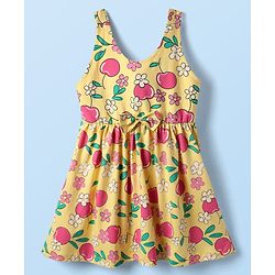 Babyhug Cotton Woven Sleeveless Frock With Floral & Cherry Print & Bow Applique - Yellow