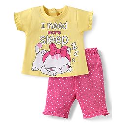Babyhug Cotton Half Sleeves Capri Night Suit Kitty & Dot Print- Yellow & Pink
