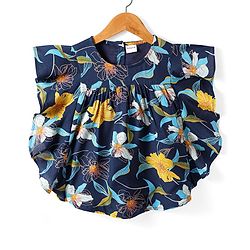 Babyhug Rayon Woven Half Frill Sleeves Ruffled Top with Floral Print - Navy Blue