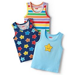Babyhug 100% Cotton Sleeveless Star Printed & Striped Vests Pack Of 3 - Light Blue Yellow & Navy Blue