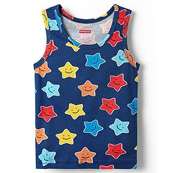 Babyhug 100% Cotton Sleeveless Star Printed & Striped Vests Pack Of 3 - Light Blue Yellow & Navy Blue