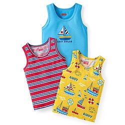 Babyhug 100% Cotton Knit Sleeveless Sandos with Stripes & Sea Life Print Pack of 3 - Light Blue & Yellow