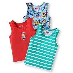 Babyhug 100% Cotton Knit Sleeveless Sandos with Stripes & Bear Print Pack of 3 - Red Blue & Mint Green