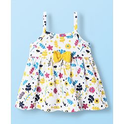 Babyhug 100% Cotton Single Jersey Knit Sleeveless Frock Floral Print & Bow Applique - White