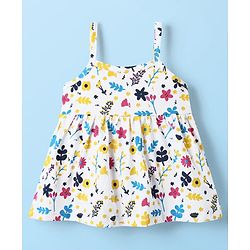 Babyhug 100% Cotton Single Jersey Knit Sleeveless Frock Floral Print & Bow Applique - White
