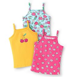 Babyhug 100% Cotton Single Jersey Knit Sleeveless Slips With Floral & Apple Print Pack Of 3 - Pink Light Blue & Yellow