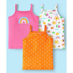 Babyhug 100% Cotton Single Jersey Knit Sleeveless Slips With Polka Dots & Tropical Theme Print Pack Of 3 - Orange Pink & White