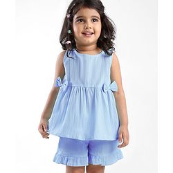 Babyhug Cotton Woven Sleeveless Solid Top & Shorts Set With Bow Applique & Frill Detailing - Light Blue
