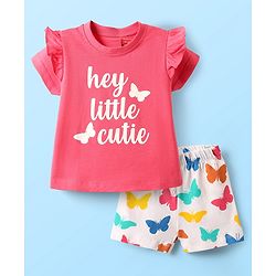 Babyhug Cotton Knit Half Sleeves Night Suit With Butterfly Print & Frill Detailing - Pink