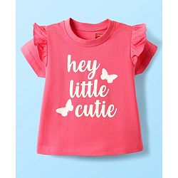 Babyhug Cotton Knit Half Sleeves Night Suit With Butterfly Print & Frill Detailing - Pink