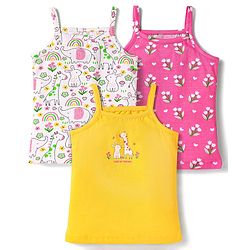 Babyhug 100% Cotton Knit Singlet Sleeves Animal & Floral Printed Slips Pack of 3 - Yellow White & Pink