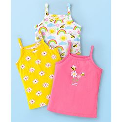Babyhug 100% Cotton Single Jersey Knit Slips With Floral & Rainbow Print Pack Of 3 - Yellow Pink & White