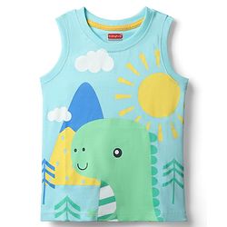 Babyhug Cotton Knit Sleeveless Tank T-Shirt With Dino Print - Light Blue