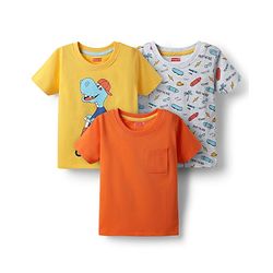 Babyhug Cotton Knit Half Sleeves T-Shirts with Skating Print Pack of 3 - Yellow Orange & Grey