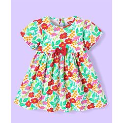 Babyhug Single Jersey Knit Half Sleeves Dress With Floral Print & Bow Applique - White