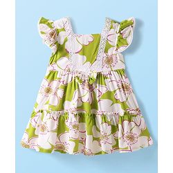 Babyhug Single Jersey Knit Frill Sleeves Dress With Floral Print & Lace Detailing - Green